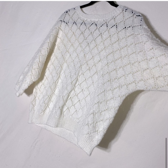 Vintage Oversized Ivory Diamond Knit V Neck Half Sleeve Sweater M - Picture 8 of 9